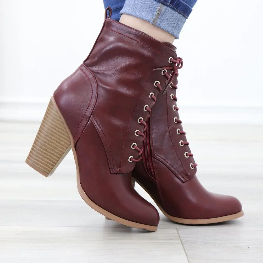 Lace-Up Block Cone High Heeled Ankle Boots Synthetic Leather - Picture 6 of 15